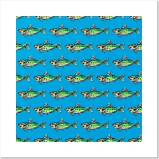 Green Sardines on Blue Pattern Posters and Art